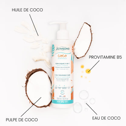 Flacon-pompe de Soin exquis 3-en-1 Coco d'Amour entouré de ses actifs sur fond blanc : pulpe de coco, copeaux de coco, huile de coco, gouttes de provitamine B5 et gouttes d'eau de coco, avec les mentions « Huile de coco », « Provitamine B5 », « Pulpe de coco » et « Eau de coco ».