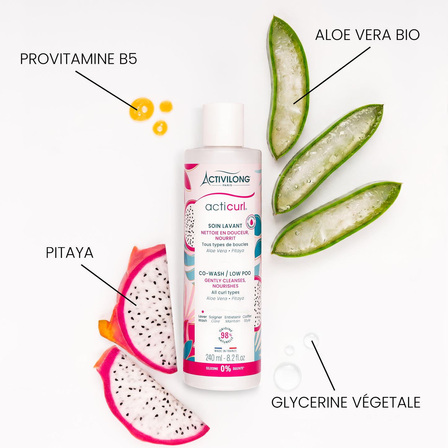 Visuel d'un Flacon du Soin Lavant Acticurl entouré de ses actifs provitamine B5, aloe vera bio, pitaya et glycérine végétale