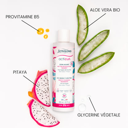 Visuel d'un Flacon du Soin Lavant Acticurl entouré de ses actifs provitamine B5, aloe vera bio, pitaya et glycérine végétale