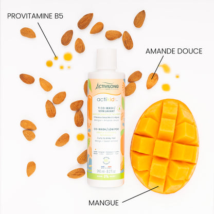 Visuel d'un Flacon du Ti Co-Wash Actikids entouré de ses actifs mangue, amande douce et provitamine B5