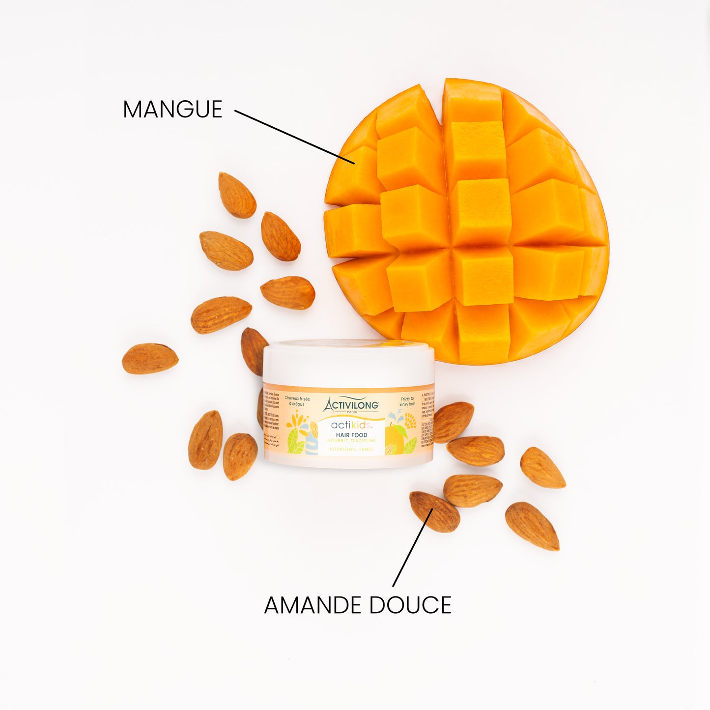 Visuel d'un Pot du Hair Food Actikids entouré de ses actifs mangue et amande douce