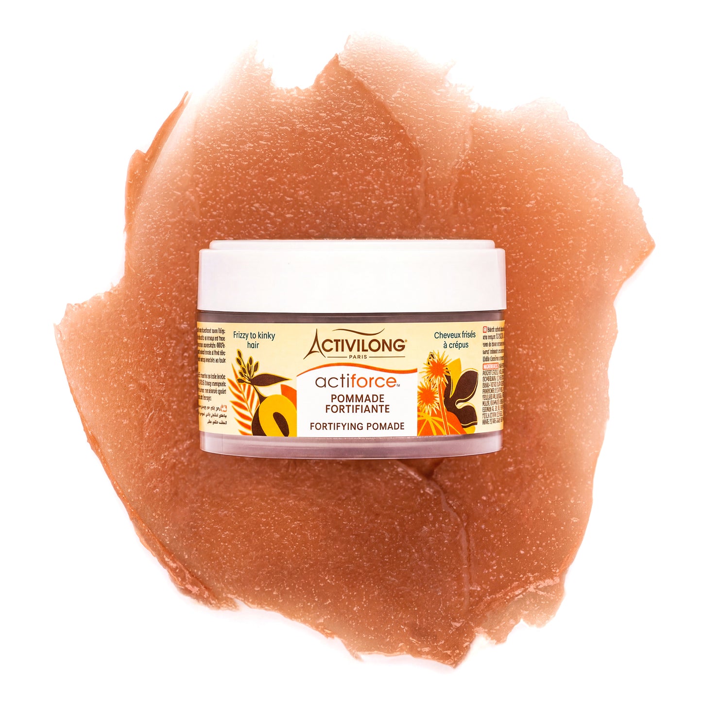 Visuel d'un Pot de la Pommade Fortifiante Actiforce posé sur sa texture gélifiée ambrée sur fond clair