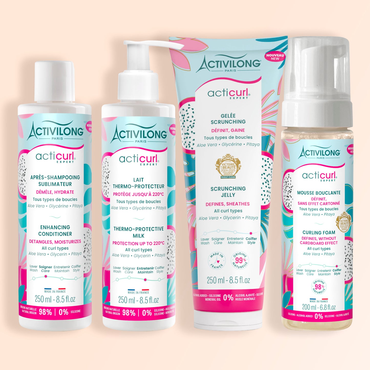 Packshot routine cheveux bouclés Acticurl Expert avec après-shampooing, lait thermo-protecteur, gelée scrunching et mousse bouclante