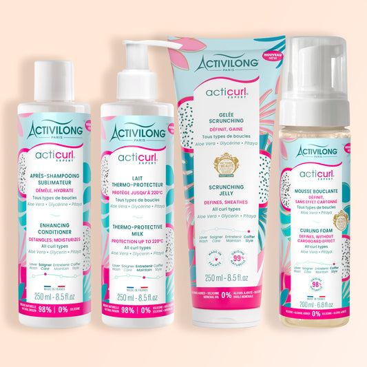 Packshot routine cheveux bouclés Acticurl Expert avec après-shampooing, lait thermo-protecteur, gelée scrunching et mousse bouclante
